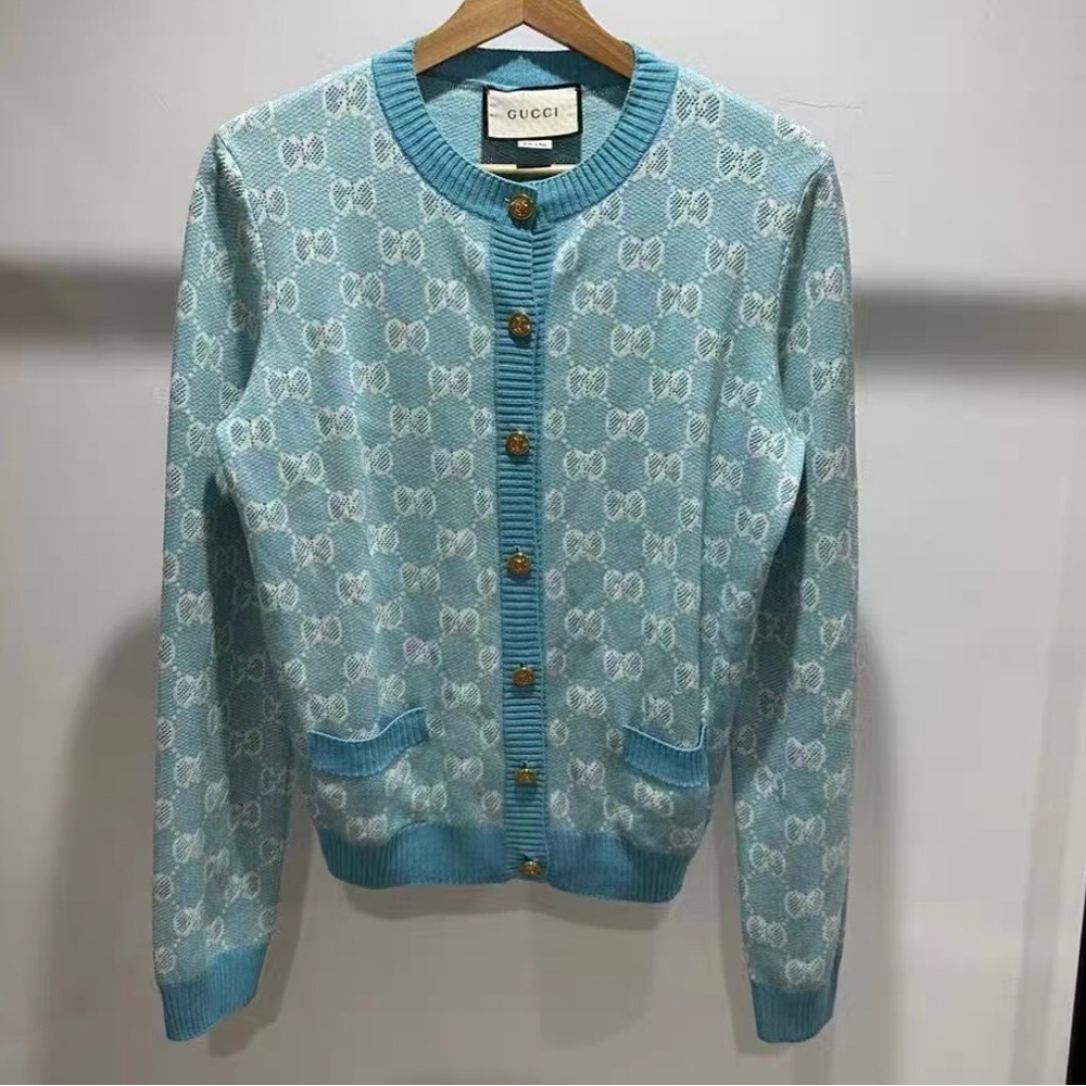 Gucci Aqua Blue GG Jacquard Button-Up Cardigan